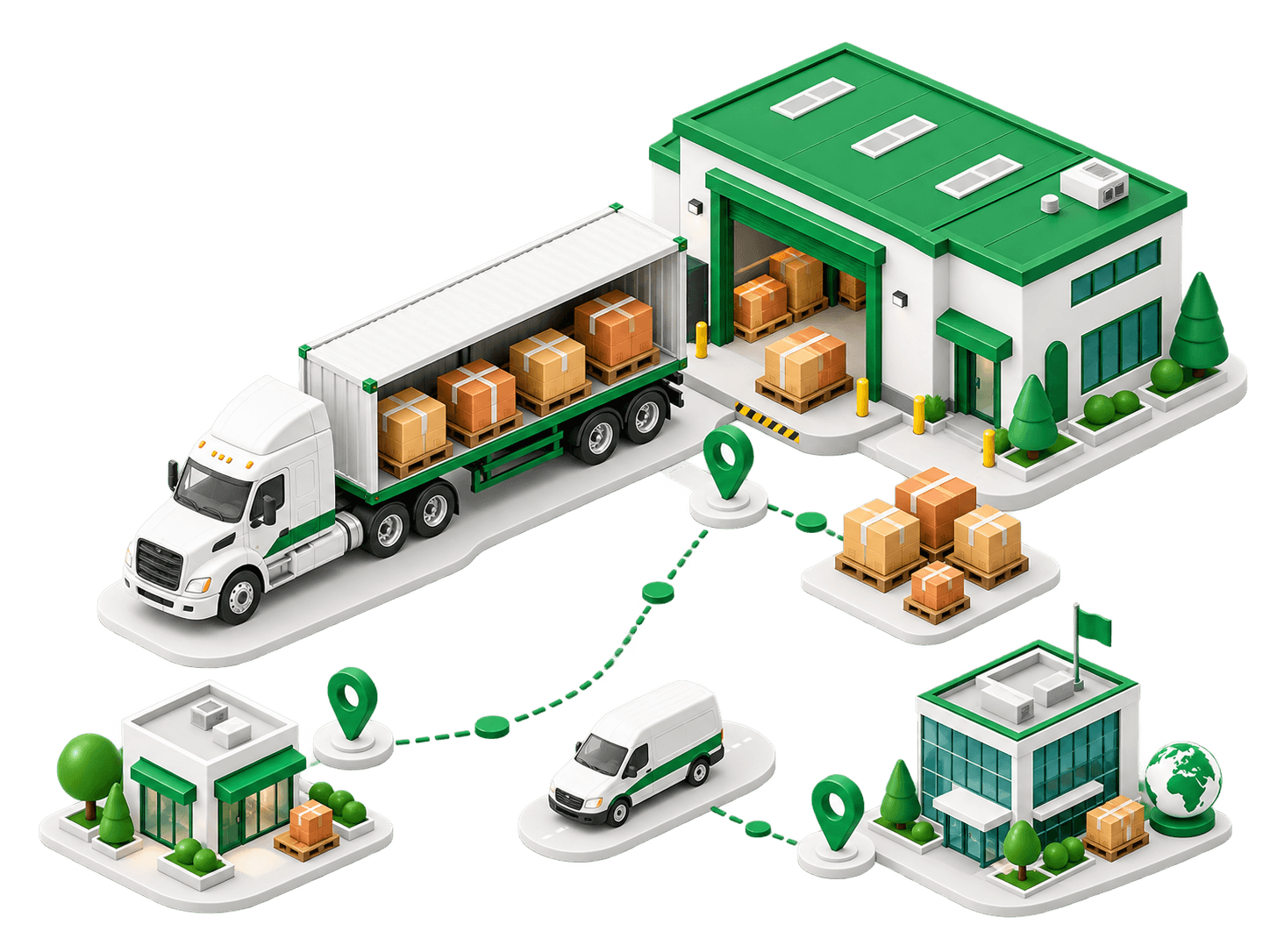 Business shipping solutions connecting a warehouse, freight truck, delivery van and commercial destinations