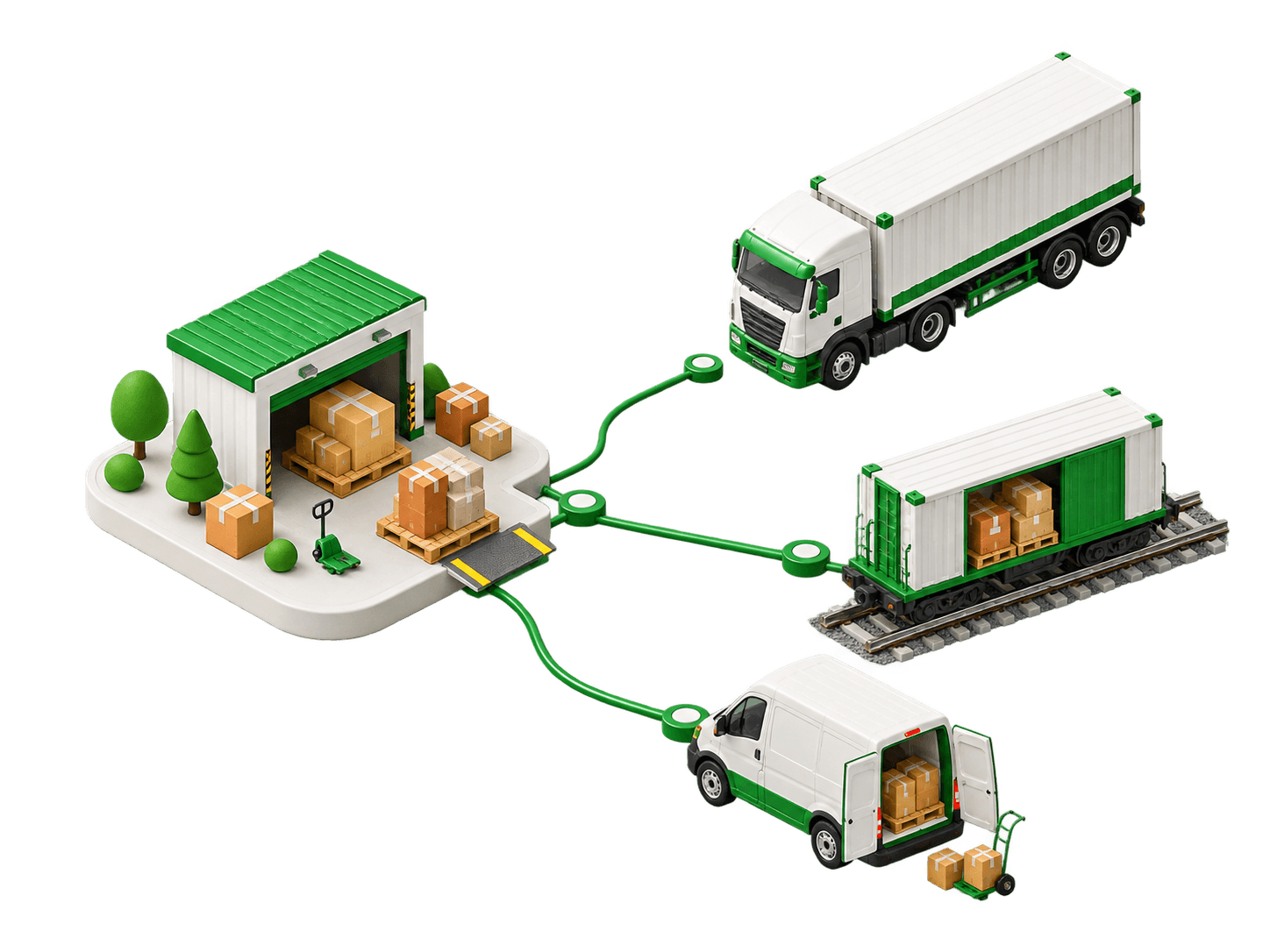 Freight truck, rail car and parcel van connected to a business shipping hub