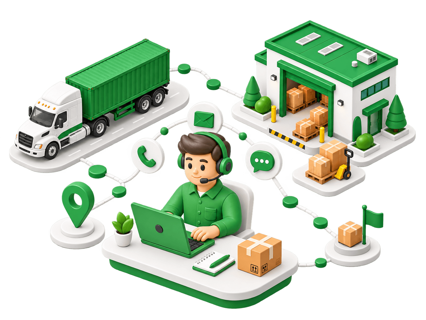 Dedicated logistics manager coordinating a freight truck, warehouse and shipment route