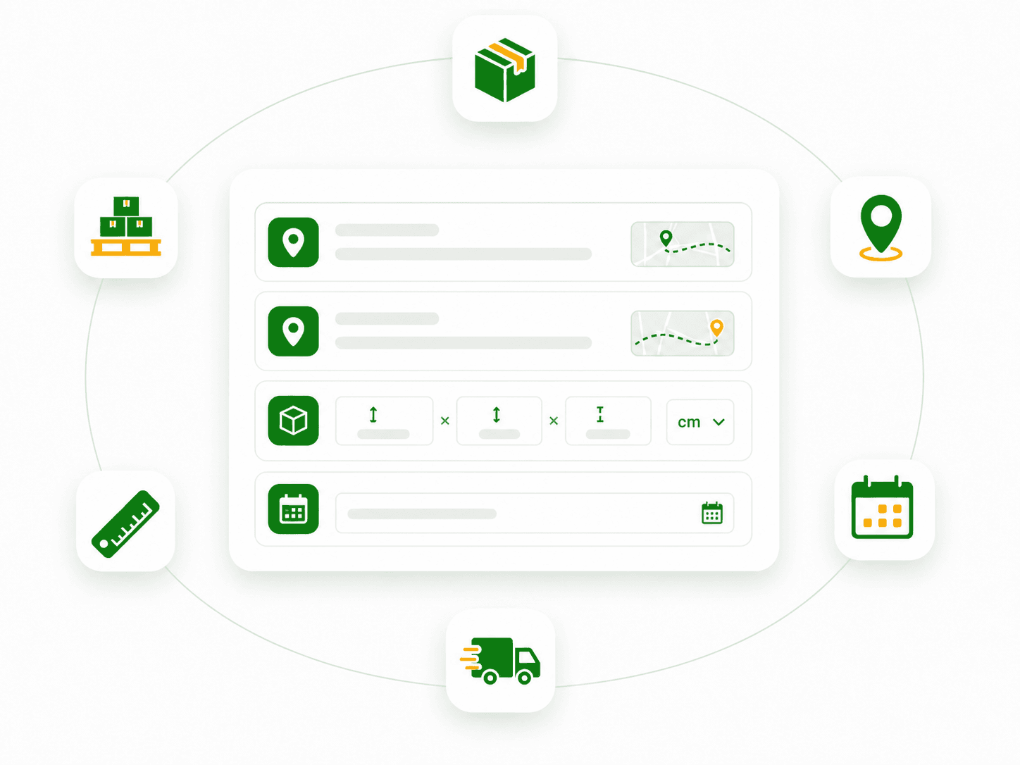 Illustration of a shipment details form with pickup, delivery, dimensions, and ready date
