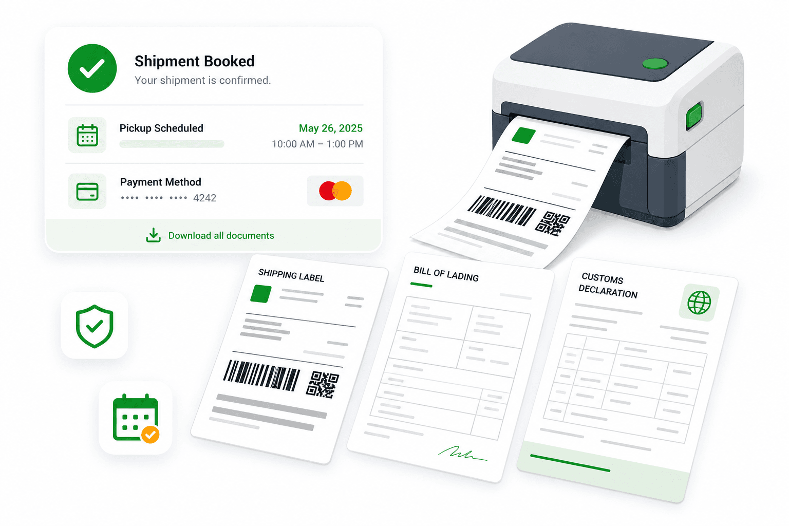 Illustration of a confirmed shipment with a printer, shipping label, bill of lading, and customs document