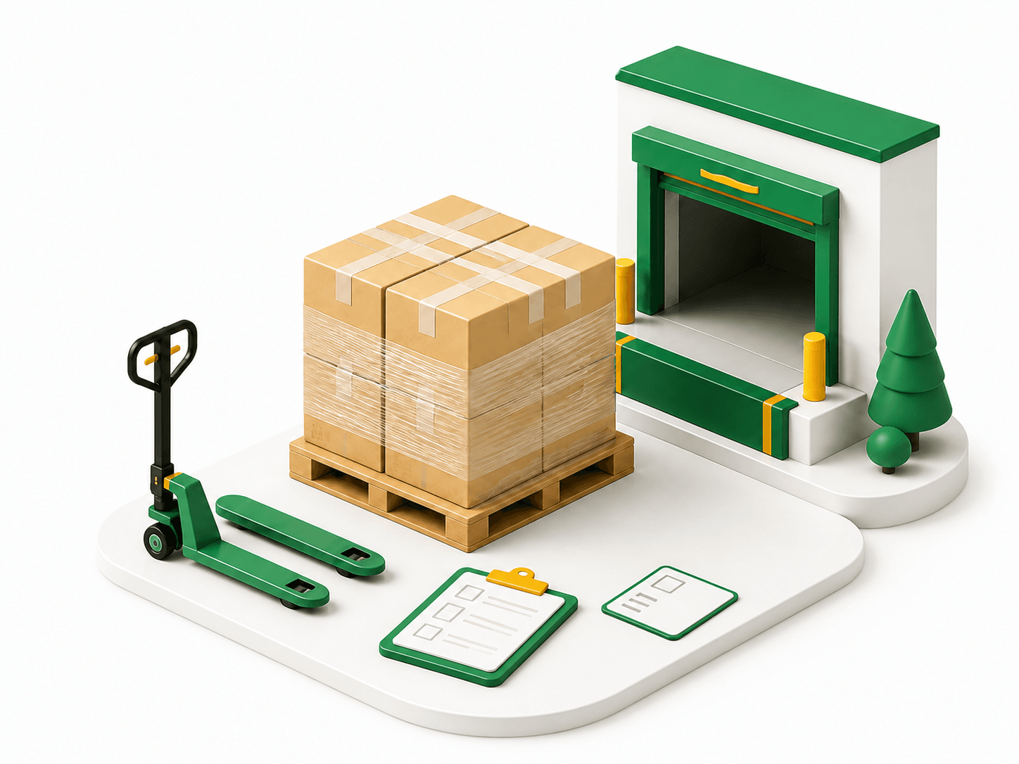 Palletized boxes securely wrapped and prepared beside a pallet jack and shipment checklist